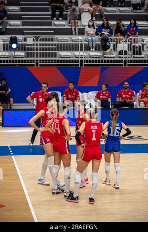 Volleyballnationalmannschaft Serbiens beim Volleyball Nations League-Spiel gegen Bulgarien am 2. Juli 2023 in Suwon, Südkorea Stockfoto