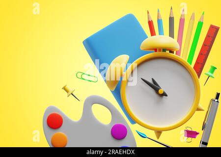 Zurück in die Schule. Wecker mit Schülerelementen auf gelbem Hintergrund. 3D-Rendering Stockfoto