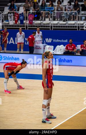 Volleyballnationalmannschaft Serbiens beim Volleyball Nations League-Spiel gegen Bulgarien am 2. Juli 2023 in Suwon, Südkorea Stockfoto