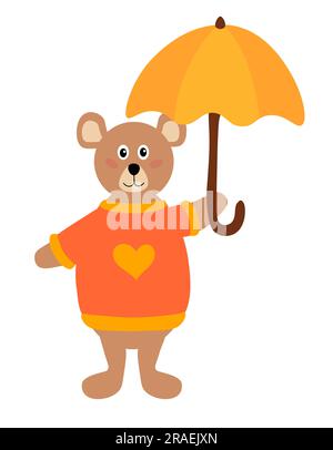 Bär im Pullover mit Schirm. Herbstkarikatur-Waldtier. Flache Vektordarstellung. Stock Vektor