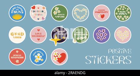 Setze positive Sticker im groovy Retro-Style Stock Vektor