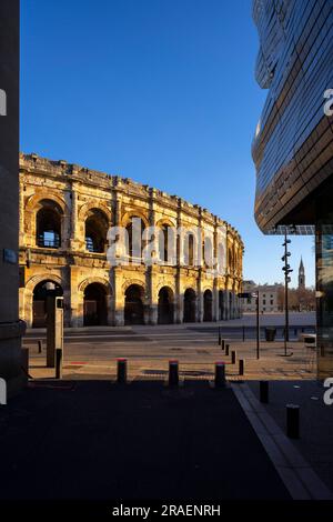 Die Arena von Nîmes, Nîmes, Okzitanien, Frankreich Stockfoto