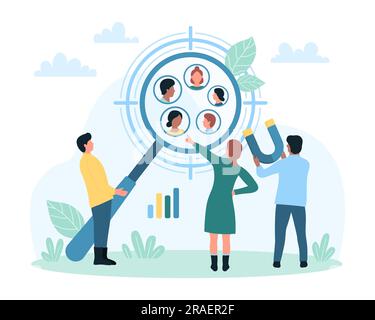Veranschaulichung der Zielgruppenforschung. Cartoon Tiny People suchen und finden eine Fokusgruppe von Kunden in Target AIM, untersuchen das Verbraucherverhalten und Avatare von Kunden mit einer Lupe Stock Vektor