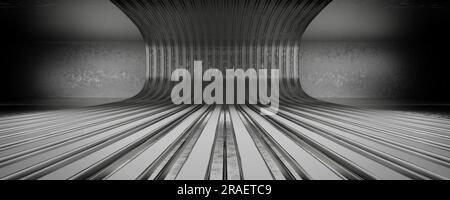 Tunnelkorridor. Dunkler, Futuristischer, Moderner Garage Showroom. Beton. Metallgreifer. Reflektierender Glänzender Leerraum. Unterirdischer Korridor. Eingang. 3D ren Stockfoto