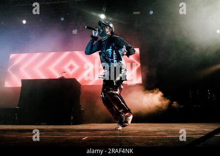 Roskilde, Dänemark. 01., Juli 2023. Während des dänischen Musikfestivals Roskilde Festival 2023 in Roskilde führt der amerikanische Rapper und Performer Mykki Blanco ein Live-Konzert auf. (Foto: Gonzales Photo - Malthe Ivarsson). Stockfoto