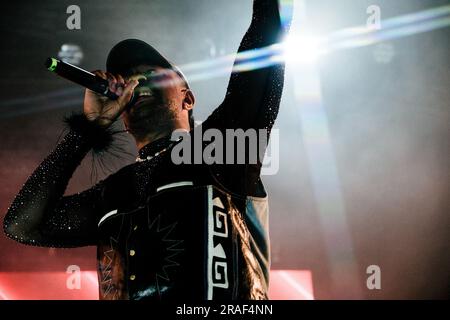 Roskilde, Dänemark. 01., Juli 2023. Während des dänischen Musikfestivals Roskilde Festival 2023 in Roskilde führt der amerikanische Rapper und Performer Mykki Blanco ein Live-Konzert auf. (Foto: Gonzales Photo - Malthe Ivarsson). Stockfoto