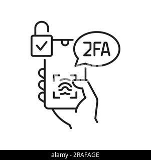 2FA Symbol für zwei-Faktor-Authentifizierung, Überprüfung des Fingerabdrucks, Vektor 2-stufige Zugriffsautorisierung. 2FA- oder MFA-Multifaktor-Authentifizierungssymbol für biometrische Validierung der Benutzeridentität und sicheren Zugriff Stock Vektor