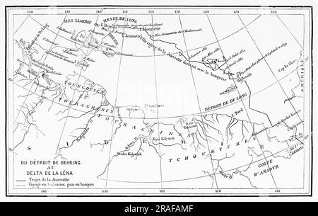 Karte von der Beringstraße zum Lena Delta. Die Jeannette-Expedition von 1879-1881, Journal von Captain George Washington De Long 1879-1881. Alte Gravur aus dem 19. Jahrhundert von Le Tour du Monde 1906 Stockfoto