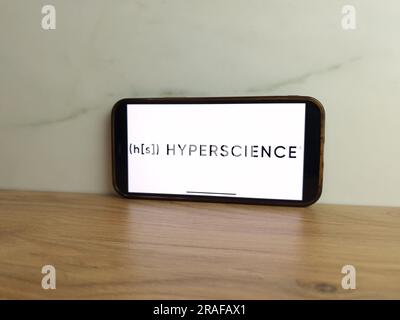 Konskie, Polen - 01. Juli 2023: Logo der Hyperscience Plattform auf dem Bildschirm des Mobiltelefons Stockfoto