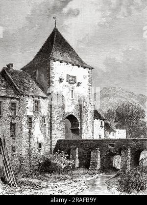 Das mittelalterliche Stadttor Porte de France in Turckheim, Elsass, Haut-Rhin. Frankreich, Europa. Über Elsass und Lothringen bei Charles Grad 1884. Alte Gravur aus dem 19. Jahrhundert von Le Tour du Monde 1906 Stockfoto