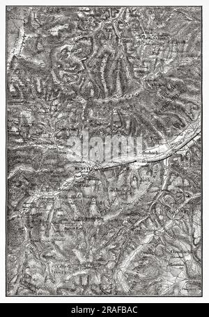 Karte des Hautes-Vosges-Massivs, Munster Valley. Elsass, Haut-Rhin. Frankreich, Europa. Über Elsass und Lothringen bei Charles Grad 1884. Alte Gravur aus dem 19. Jahrhundert von Le Tour du Monde 1906 Stockfoto