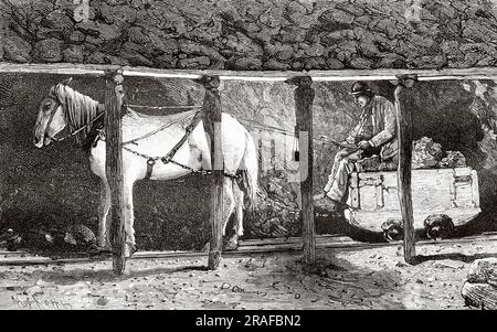 Der von einem Pferd gezogene Wagen benutzte die Kohlebergwerke Borinage, Provinz Hennegau. Belgien, Europa. Reise nach Belgien mit Camille Lemonnier. Alte Gravur aus dem 19. Jahrhundert von Le Tour du Monde 1906 Stockfoto