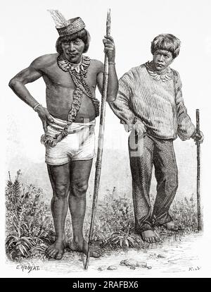 Der Huambisa-Indigene Dolmetscher. Indianer aus dem Fluss Patuca, gekleidet in der Kleidung der Matrosen des Bootes. Peru, Südamerika. Amazonas und Gebirgszüge von Charles Wiener Mahler, 1879-1882. Alte Gravur aus dem 19. Jahrhundert von Le Tour du Monde 1906 Stockfoto