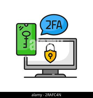 2FA zwei-Faktor-Verifizierung, Schlüssel und Sperre, sicheres Kennwort und zwei-Faktor-Authentifizierung. Vektor-Sicherheitscode und Computerbildschirm, Eingang wird überprüft Stock Vektor