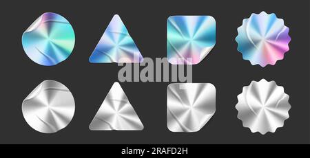 Hologrammetiketten, silberne Qualitätsetiketten und Folienetiketten mit vektorschillerndem Gradienten. Holographische Aufkleber oder Folienetiketten mit Holografiestruktur und Original-Garantieproduktsiegel mit silberner Holografie Stock Vektor