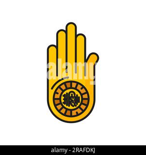 Hand mit Rad Symbol des Jain-Gelübdes von Ahimsa, Jain Prateek Chihna. Vektor dharmachakra oder Rad des Dharma Zeichen Hinduismus, Jainismus, Buddhismus Religionssymbol Stock Vektor