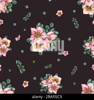 Zarter Strauß von Hellebores, Eukalyptusäste. Nahtloses Blumenmuster auf dunklem Hintergrund. Aquarelle Darstellung für Stoff, Textil Stockfoto