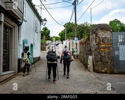 Melide, Galicien, Spanien. 31. Mai 2023. Eine Gruppe von Pilgern, die den gelben Pfeilen folgen. Der Camino de Santiago (der Weg von St. Es ist eine der weltweit besten Pilgerrouten. Die letzten 100 km nach Santiago de Compostela sind das erforderliche Minimum, um die Compostela zu Fuß zu erreichen, ein Zertifikat, ausgestellt vom Pilgrim's Attention Office in Santiago. Aus diesem Grund starten immer mehr Pilger von Sarria aus, das die letzten 100 km auf sieben verschiedenen Camino-Routen markiert. (Kreditbild: © Ana Fernandez/SOPA Images via ZUMA Press Wire) NUR REDAKTIONELLE VERWENDUNG! Nicht für den kommerziellen GEBRAUCH! Stockfoto