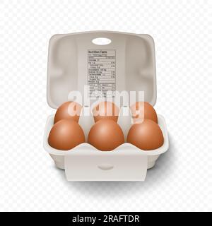 6 Six Vector 3D realistische braune Hühnereier in geöffneter Pappschachtel, Behälter, Verpackung. Hühnereier-Set, Isoliert. Vektor Rohe Ganze Eier. Ei Stock Vektor