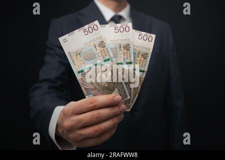 Ein Geschäftsmann hat polnische Geldscheine. Ich führe ein Unternehmen in Polen Stockfoto