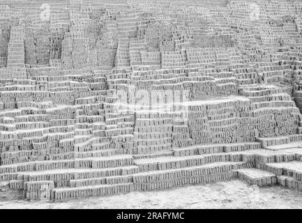 Close up on the adobe mud bricks of Pachacámac, or Pachakamaq, in Peru.  The complex is outside of Lima, Peru, where rain is rare; which allows the us Stock Photo