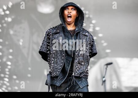 Mailand, Italien. 02. Juli 2023. Die britische Rockband SKUNK ANANANSIE tritt während des I-Days Milano Coca-Cola Festivals 2023 live auf der Bühne des Ippodromo SNAI La Maura auf. Kredit: Rodolfo Sassano/Alamy Live News Stockfoto