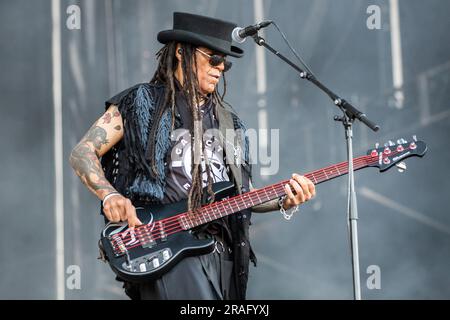 Mailand, Italien. 02. Juli 2023. Die britische Rockband SKUNK ANANANSIE tritt während des I-Days Milano Coca-Cola Festivals 2023 live auf der Bühne des Ippodromo SNAI La Maura auf. Kredit: Rodolfo Sassano/Alamy Live News Stockfoto