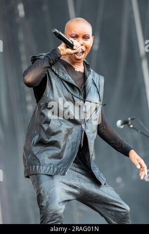 Mailand, Italien. 02. Juli 2023. Die britische Rockband SKUNK ANANANSIE tritt während des I-Days Milano Coca-Cola Festivals 2023 live auf der Bühne des Ippodromo SNAI La Maura auf. Kredit: Rodolfo Sassano/Alamy Live News Stockfoto