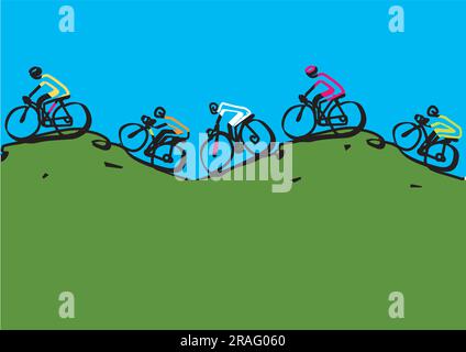 Mountainbike, Cyclo-Cross-Rennen, Radtour. Darstellung von mtb-Bikern auf den Hügeln. Durchgehende Linienzeichnung. Nützlich als Bannervorlage. Stock Vektor