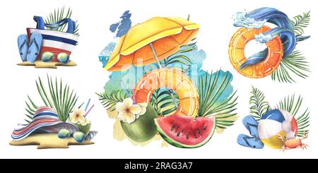 Sommer, Strand, handgemalte Aquarell-Illustrationen mit aufblasbaren Kreisen, Ball, Tasche, Hut, Palmenzweige, Kokosnüsse. Gruppe isolierter Zusammensetzungen auf einem Stockfoto