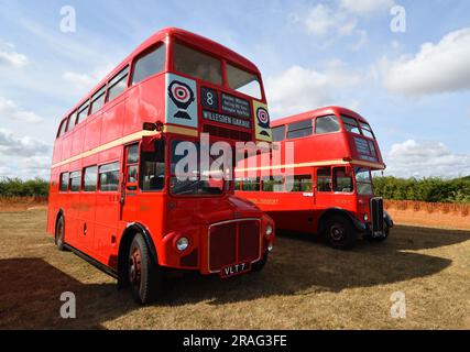 Zwei Doppeldeckerbusse in Vintage Red parken auf Gras. Stockfoto