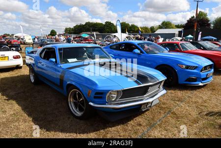 Classic 1970 Ford Mustang Boss 302, MUC 89L Auto auf Gras geparkt. Stockfoto