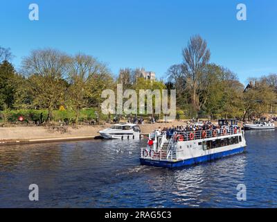 Großbritannien, North Yorkshire, York, Museum Gardens und Boote auf dem Fluss Ouse mit York Minster in der Ferne. Stockfoto