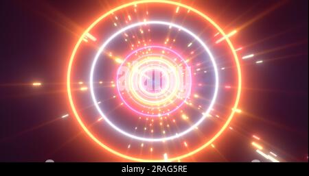 Abstrakter mehrfarbiger futuristischer High-Tech-Tunnel mit fliegenden Kreisen und Linien Neonmagie leuchtender Hintergrund. Stockfoto