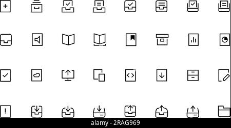 Zugehörige Vektorliniensymbole Von Ordnern Einfacher Satz. Enthält Symbole wie Speicher, Synchronisierung, Netzwerkordner und mehr. Bearbeitbare Kontur. Stock Vektor