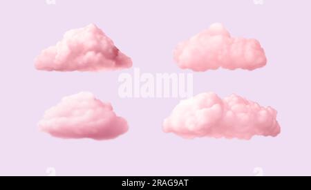 Realistische pinkfarbene Wolken, isoliert auf violettem Hintergrund. Stock Vektor