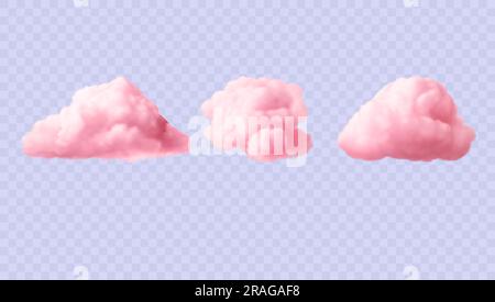 Flauschige pinkfarbene Himmelselemente, isoliert auf transparentem Hintergrund. Ein Satz heller, weicher 3D-Vektor-Wolken Stock Vektor