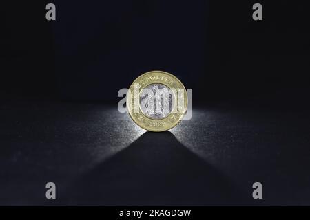 Bild einer polierten Münze auf schwarzem Hintergrund, mit Fokus auf einer Münze von zwei Zloty. Der Zloty ist die offizielle Währung und gesetzliches Zahlungsmittel Polens. Ich Stockfoto