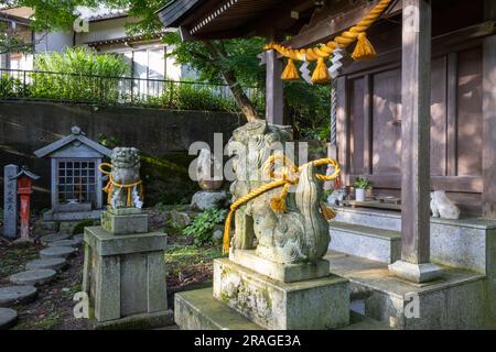 Komainu oder Löwenhund, Statue bei imohoritougorou jinja, Kanazawa, Japan. ÜBERSETZUNG: Wohlstand von Daikokuten (einem der sieben Glücksgötter). Stockfoto