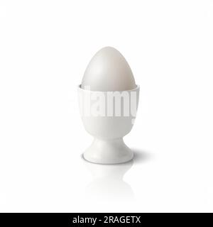 Vector 3D Realistic White Chicken Egg in einer weißen Keramik, Porzellanhalter für gekochte Eierbecher, Ständer für Frühstück. Hähncheneier Symbol, Isoliert, Vorderansicht Stock Vektor