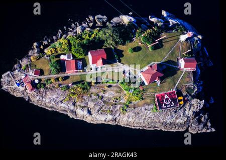 Luftaufnahme des Chrome Island Lighthouse, Vancouver Island, BC, Kanada Stockfoto