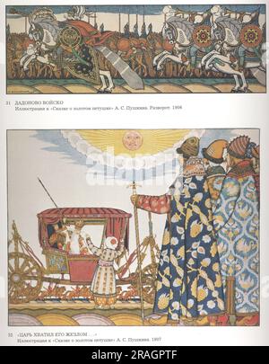 Illustration für das Gedicht "die Geschichte des Goldenen Hahns" von Alexander Puschkin 1906 von Ivan Bilibin Stockfoto