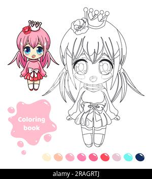 Malbuch für Kinder. Anime-Mädchen mit Rose. Stock Vektor