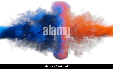 Blaue und rote Rauchspuren stoßen auf einen weißen Hintergrund. 3D Abbildung. Stockfoto