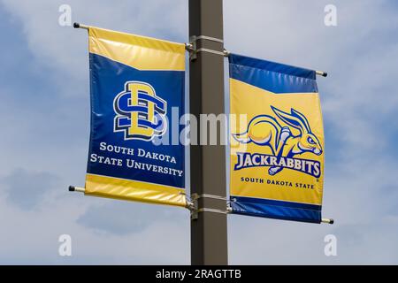 BROOKINGS, SD, USA - 21. JUNI 2023: Maskottchen-Banner für Hasen auf dem Campus der South Dakota State Unversity. Stockfoto