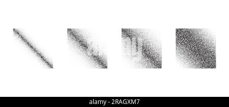 Strukturierte Verläufe für Verblassungen in Diagonalen eingestellt. Schwarz gepunktete quadratische Elementsammlung. Stippled Shades Objektsatz. Rauschkornformen. Halbtoneffekt-Bündel. Vektordarstellung Stock Vektor