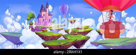 Die Prinzessin im Heißluftballon fliegt zum magischen Schloss-Cartoon-Hintergrund. Wunderschöner Fantasy Queen Palast und weibliche Charakterszene. Schwimmender Rock-Island-Pfad, um in den Himmel zu springen und die Tapete des Herrenhauses zu bewundern Stock Vektor