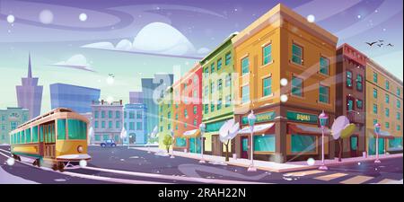 Winterstraße mit Retro-Straßenbahn. Vektor-Cartoon-Illustration des verschneiten Wetters in der alten europäischen Innenstadt, Buchladen an der Ecke, alte Laternen und Bäume auf dem Bürgersteig, moderne Architektur am Horizont Stock Vektor