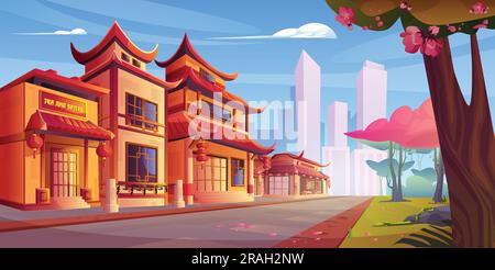 Chinesische Straße mit Restaurantgebäude im Karikaturenhintergrund der Stadt. Chinatown Shop House traditionelles Äußeres mit Schild im historischen Viertel. Malaysia Business Place in der Nähe der Straße zum Wolkenkratzer Stock Vektor