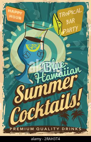 Blauer hawaiianischer Cocktail Retro-Poster. Cocktailbar, Vintage-Schild Stock Vektor